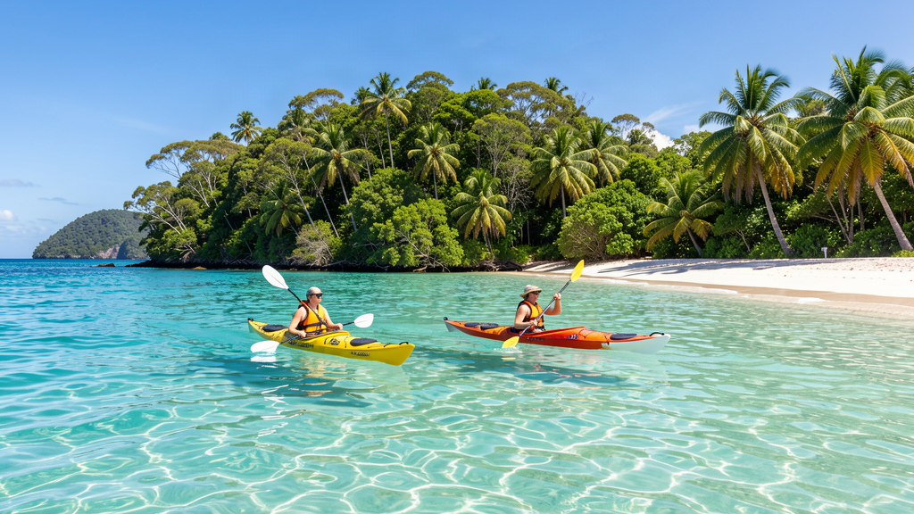 Sea kayaking near a tropical island